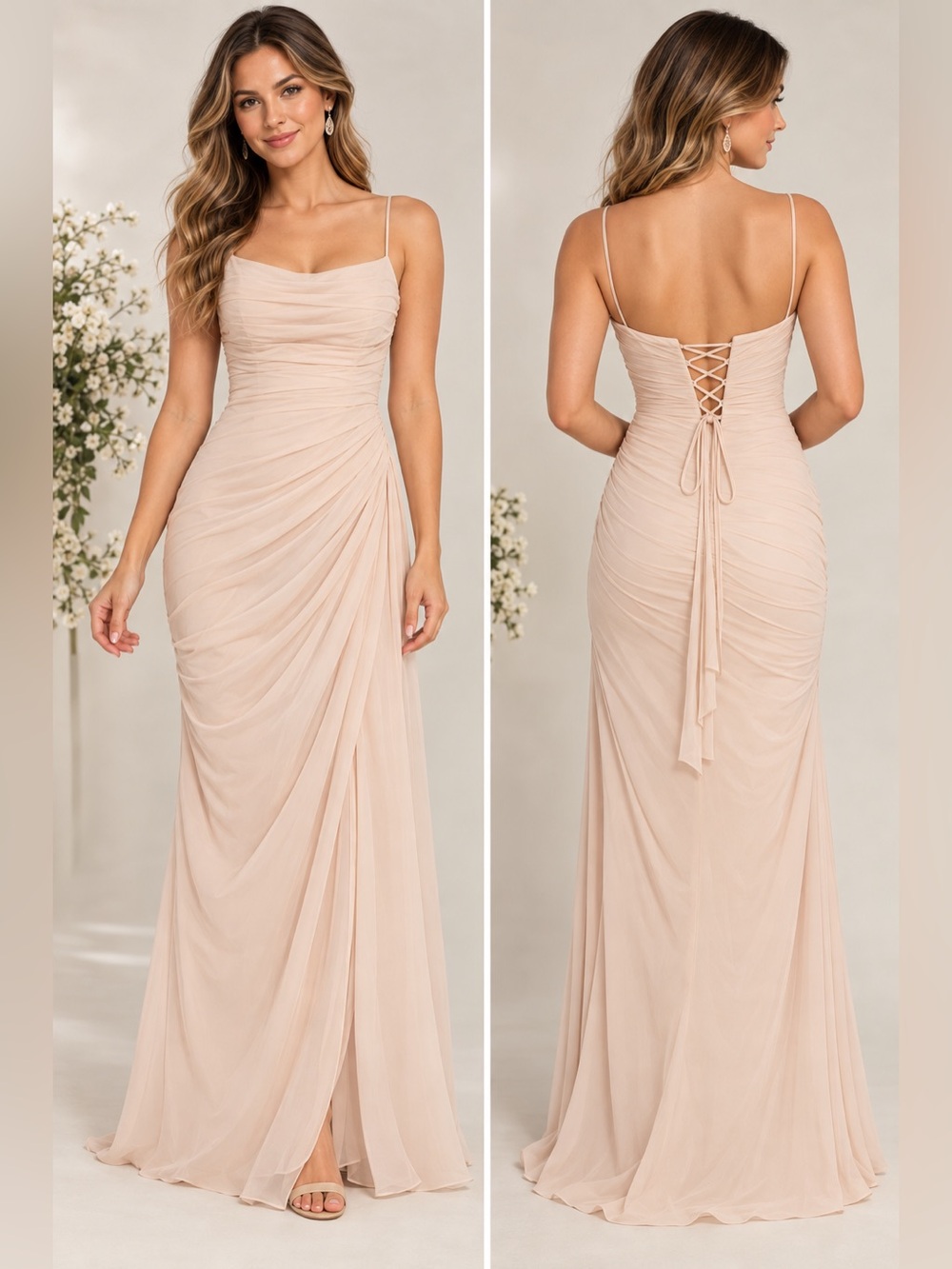 Blush Chiffon Ruched Corset Back Formal Maxi Gown Size 4